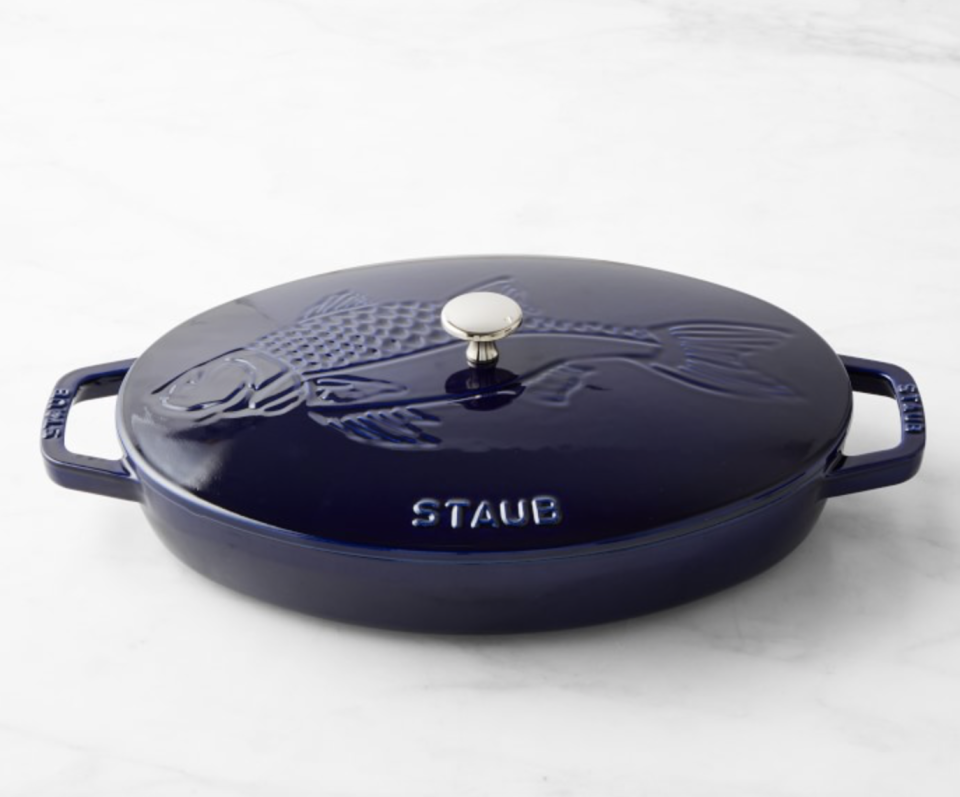 Staub Enameled Cast Iron Oval Gratin with Sea Bass Embossed Lid