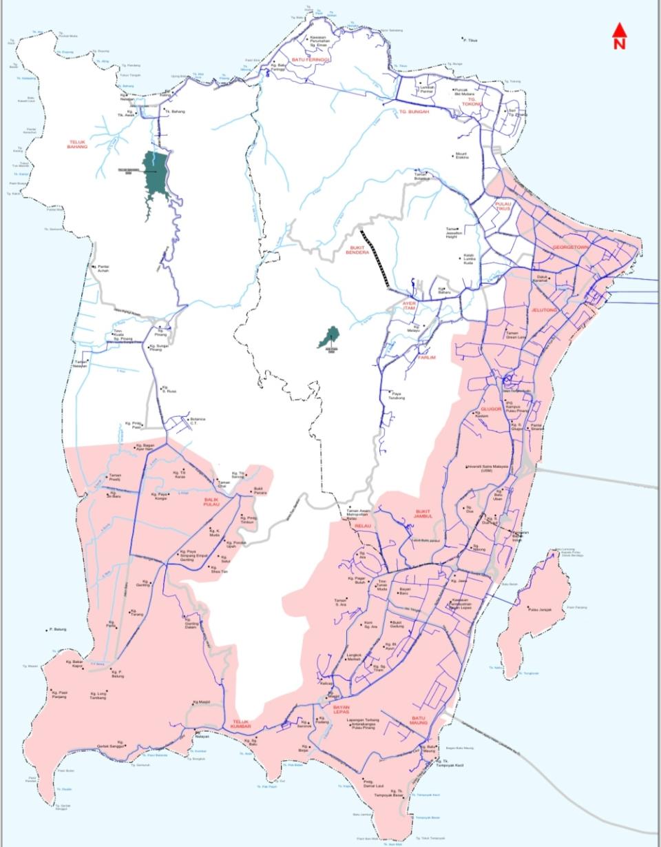 The pink areas on the island are the places affected by the water supply disruption from January 10 to 14. — Picture courtesy of PBAPP