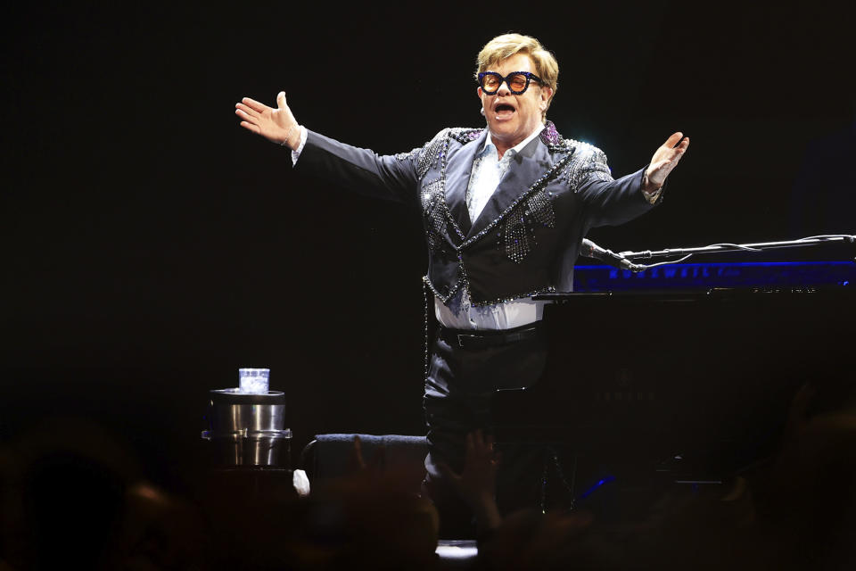 <p><a href="https://people.com/tag/elton-john/" rel="nofollow noopener" target="_blank" data-ylk="slk:Sir Elton John;elm:context_link;itc:0;sec:content-canvas" class="link ">Sir Elton John</a> performs during the first U.K. stop on his "Farewell Yellow Brick Road" Tour at M&S Bank Arena in Liverpool on Mar. 23.</p>