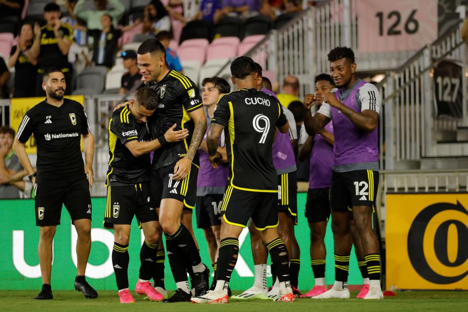 Jul 4, 2023; Fort Lauderdale, Florida, USA; Columbus Crew SC forward Christian Ramirez (17) celebrates with team-mates after scoring a goal during the second half against the Inter Miami at DRV PNK Stadium. Mandatory Credit: Sam Navarro-USA TODAY Sports