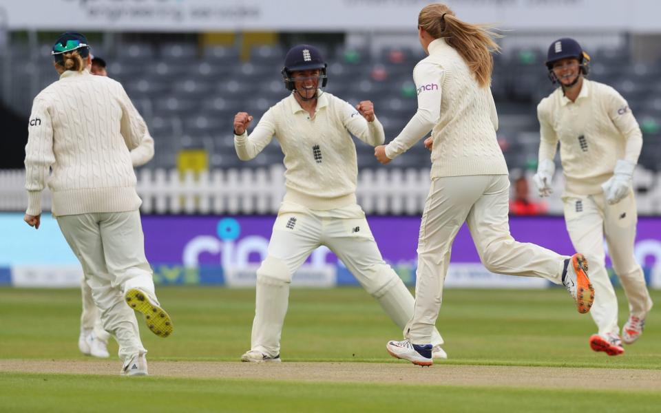 Sophie Ecclestone of England celebrates another wicket to her name on Day Three of the LV= Insurance Test Match between England Women and India Women at the Bristol County Ground on June 18, 2021 in Bristol, England. - GETTY IMAGES