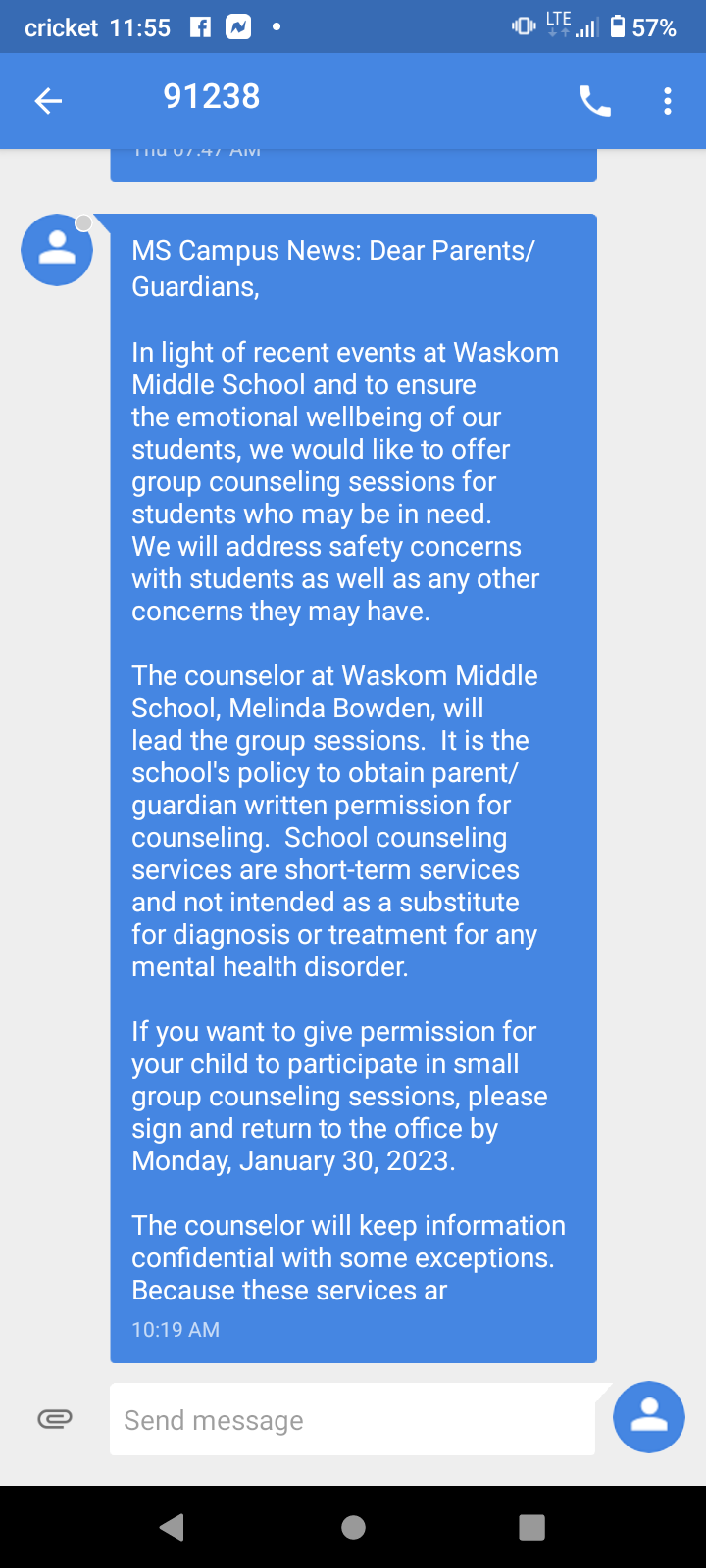 Waskom ISD sent this message out to parents and guardians on Jan. 27. This message was sent in light of recent events that occurred at Waskom Middle School.