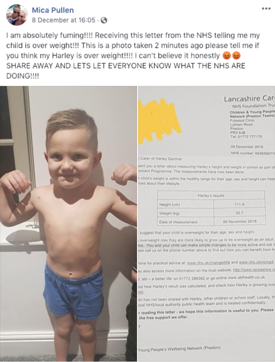 The mother shared a picture of her son on Facebook together with the letter saying he was overweight. [Photo: Facebook]