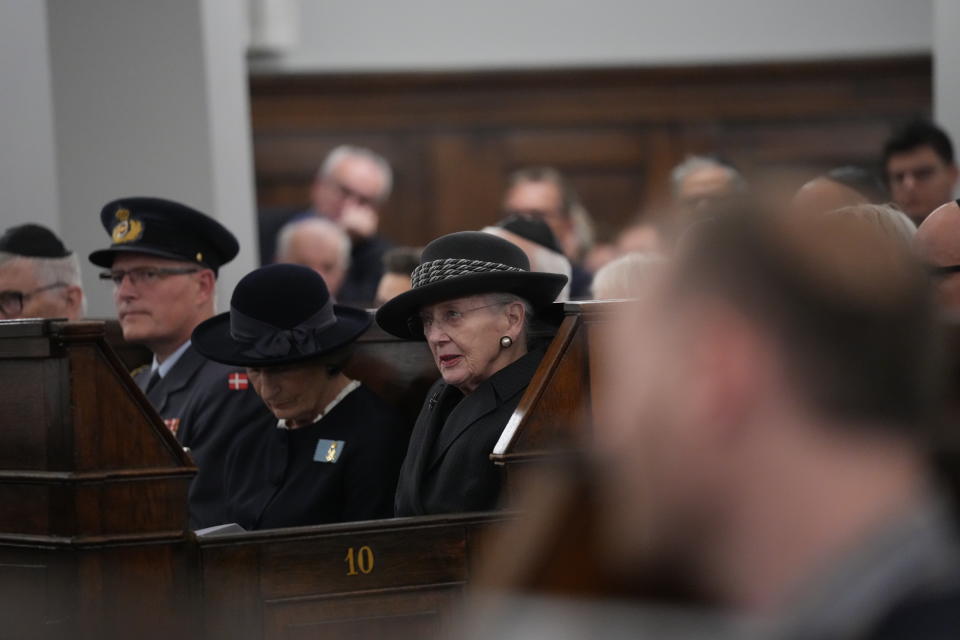 Denmark's Queen Margrethe attends a ceremony in the Copenhagen Synagogue, Saturday, Oct. 14, 2023. On Saturday, a ceremony will be held in the Copenhagen Synagogue for the victims of the Hamas attack on Israel. (Ida Marie Odgaard/Ritzau Scanpix via AP)