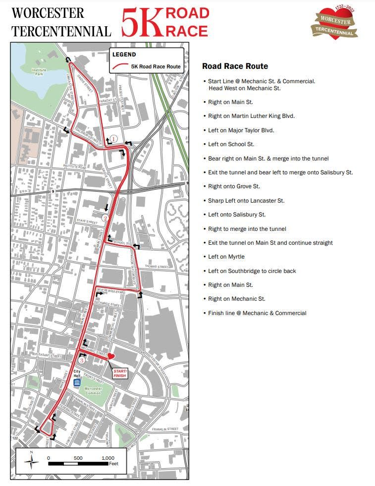 A map and description of the Worcester Tercentennial 5K Road Race.