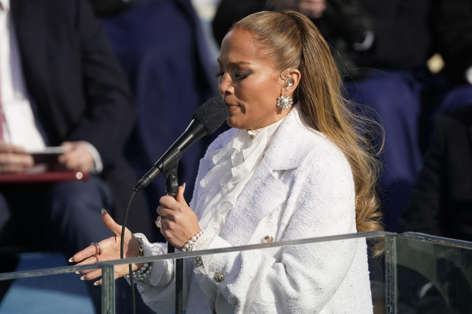 Jennifer Lopez performs during the 59th Presidential Inauguration at the U.S. Capitol in Washington, Wednesday, Jan. 20, 2021. (AP Photo/Andrew Harnik)