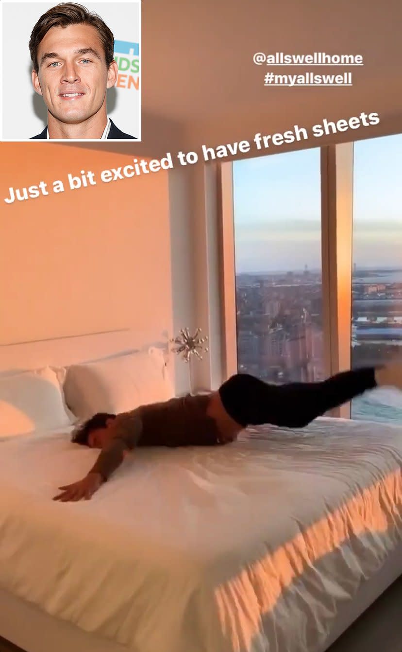 The reality heartthrob jumped for joy — and right into bed — when he got brand new bedding from Allswell Home for <a href="https://people.com/home/tyler-cameron-says-goodbye-futon-as-he-moves-into-luxury-nyc-high-rise-near-gigi-hadid/" rel="nofollow noopener" target="_blank" data-ylk="slk:his new Manhattan apartment;elm:context_link;itc:0;sec:content-canvas" class="link ">his new Manhattan apartment</a> with best friend and <a href="https://people.com/home/tyler-cameron-decked-out-his-tyler-cameron-decorated-his-new-apartment-with-hilarious-tributes-to-his-bromance-with-bff-mattnew-apartment-with-hilarious-photo-tributes-to-his-bromance-with-bff/" rel="nofollow noopener" target="_blank" data-ylk="slk:business partner Matt James;elm:context_link;itc:0;sec:content-canvas" class="link ">business partner Matt James</a>. "Just a bit excited to have fresh sheets," he captioned his Instagram story. <strong>Buy It!</strong> $118-$145 for duvet set; <a href="https://allswellhome.mvvx.net/c/249354/599204/9824?subId1=PEO%2CShopCelebHomes%3AHowtoGetJenniferAniston%27sThrowPillows%2CTylerCameron%27sSheetsandMore%21%2Cmmstein1990%2CUnc%2CGal%2C5876365%2C202001%2CI&u=https%3A%2F%2Fallswellhome.com%2Fcollections%2Fduvet-sets%2Fproducts%2Forganic-garment-wash-percale-duvet-set%3Fvariant%3D30106560692321" rel="nofollow noopener" target="_blank" data-ylk="slk:allswellhome.com;elm:context_link;itc:0;sec:content-canvas" class="link ">allswellhome.com </a>