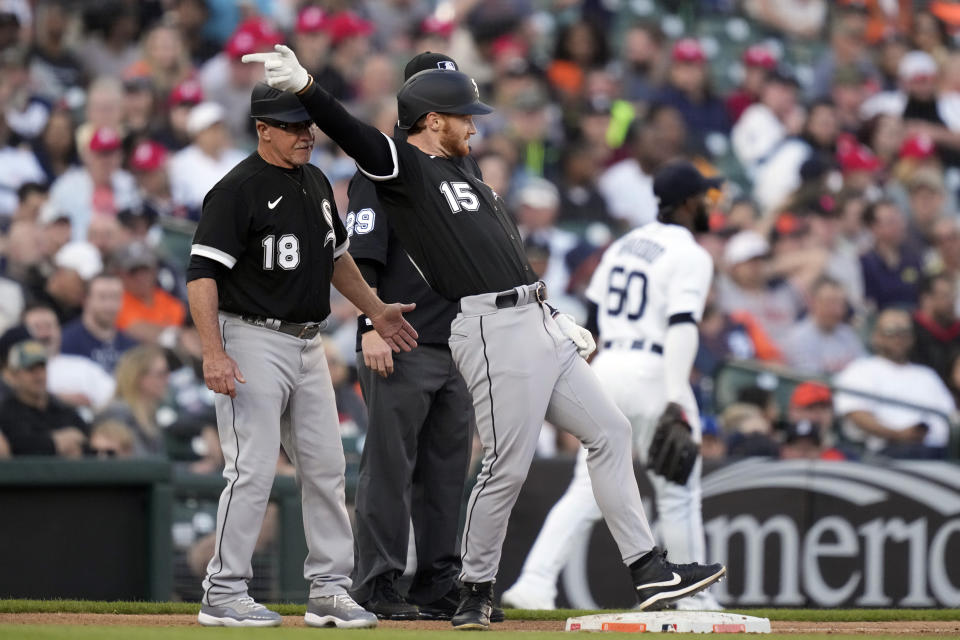 Chicago White Sox's Clint Frazier after his triple to center during the fourth inning of a baseball game against the Detroit Tigers, Friday, May 26, 2023, in Detroit. (AP Photo/Carlos Osorio)