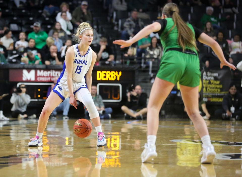 Washburn Rural's Zoe Canfield dribbles the ball against Derby in the Class 6A State Tournament Semifinal in Wichita State's Koch Arena on Friday, March 8.