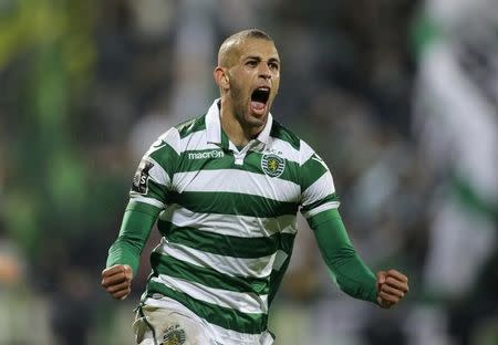 Sporting's Islam Slimani celebrates his goal against Arouca during their Portuguese Premier League soccer match at Municipal stadium in Arouca, Portugal, November 8, 2015. REUTERS/Miguel Vidal