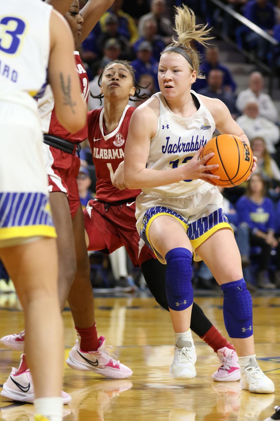 SDSU’s Haleigh Timmer (13) drives past Alabama’s Megan Adams during the third quarter.