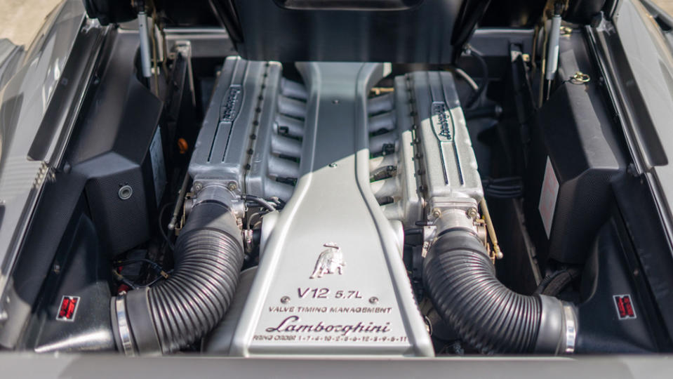 The 5.7-liter V-12 engine inside a 1999 Lamborghini Diablo VT Roadster.