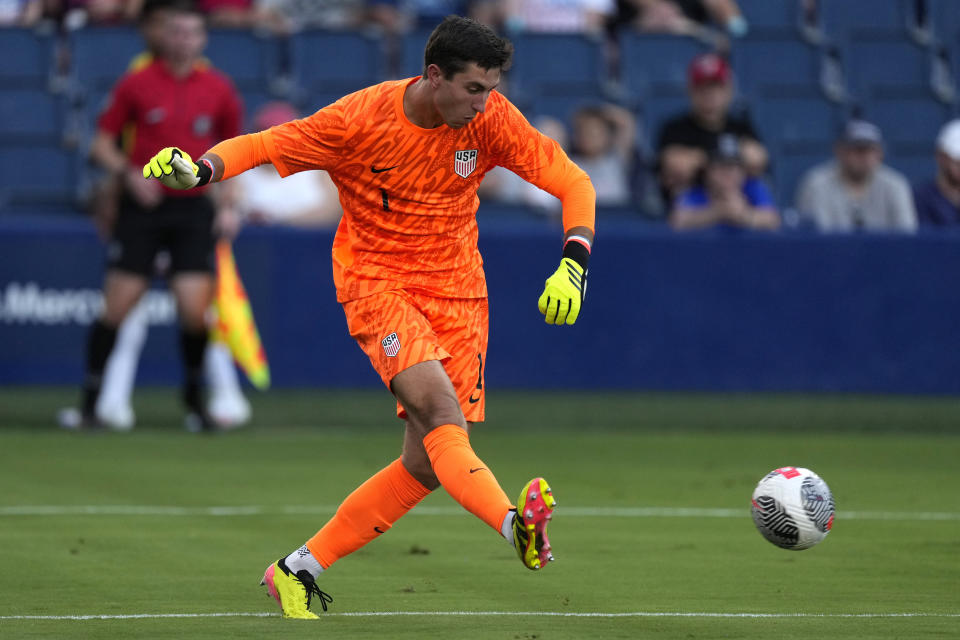 United States goalkeeper Patrick Schulte kicks the ball during the first half of an international friendly under-23 soccer match against Japan on Tuesday, June 11, 2024, in Kansas City, Kan. (AP Photo/Charlie Riedel)