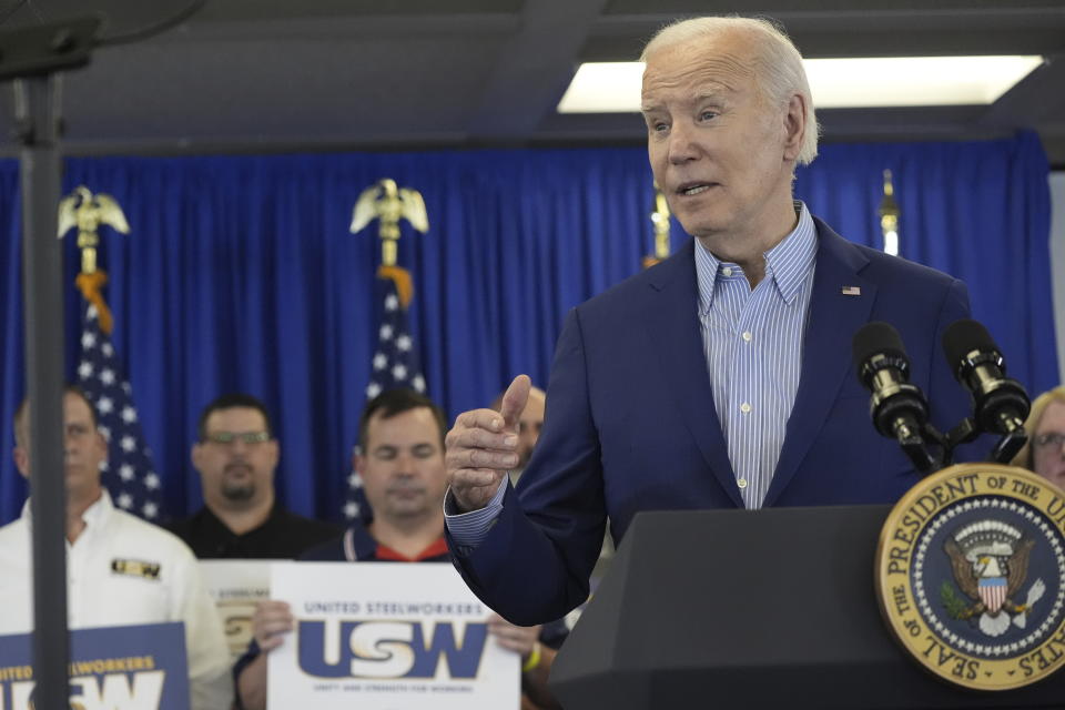 President Joe Biden speaks at a campaign event at United Steelworkers Headquarters, Wednesday, April 17, 2024, in Pittsburgh, Pa. (AP Photo/Alex Brandon)