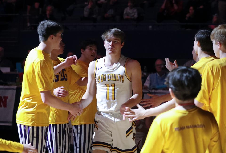 Lyon County's Travis Perry (11) is introduced before their game against Newport in the Sweet 16 tournament at Rupp Arena in Lexington, Ky. on Mar. 16, 2023.  He finished with 23 points to break the state scoring record in the 61-46 win.