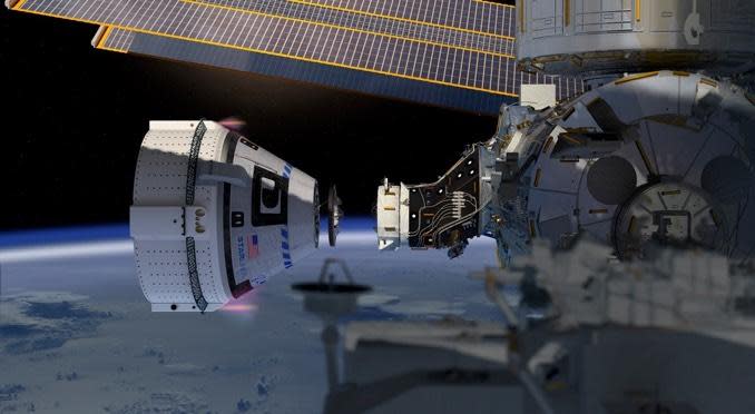 An artist's impression of a Starliner during its final approach to the International Space Station.  / Credit: NASA