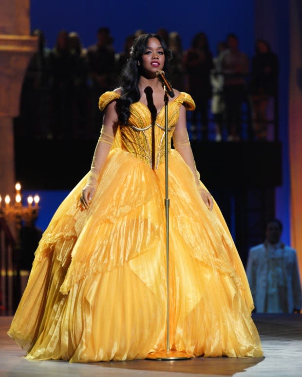 <em>Belle's new yellow-gold gown, with petal-like skirting.</em><p>Photo: Christopher Willard/Courtesy of ABC</p>