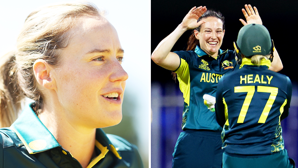 Ellyse Perry (pictured left) and Megan Schutt (pictured right) continue to make history for Australia at the T20 World Cup. (Getty Images)