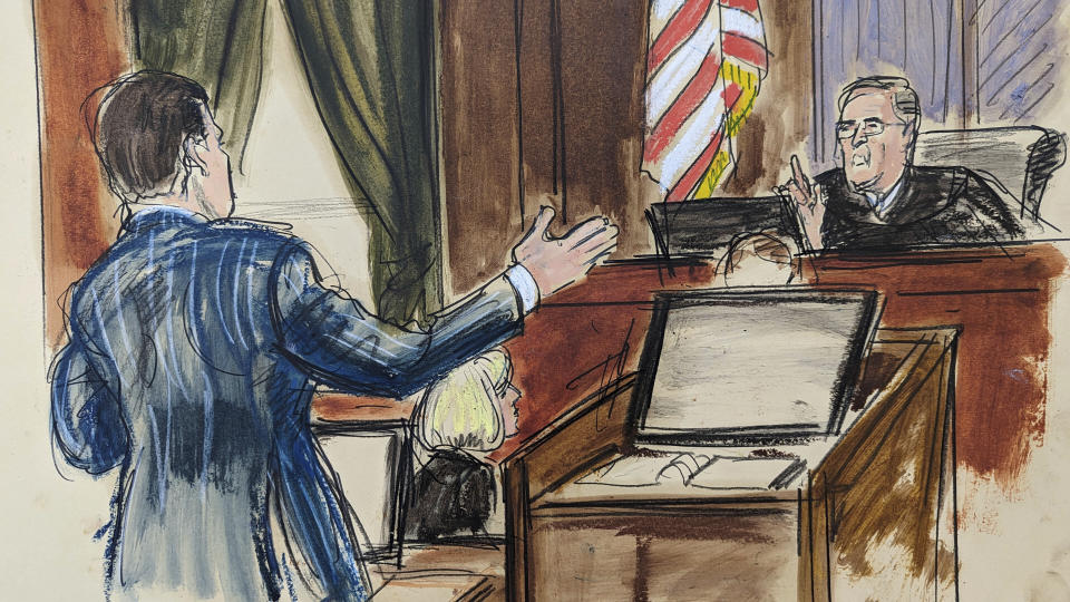 CORRECTS TO INDICATE FORMER PRESIDENT NOT FUTURE PRESIDENT - In this courtroom sketch, Judge Lewis Kaplan, right, addresses Donald Trump's lawyer, Joe Tacopina, regarding Donald Trump and his son's social media posts relating to the E. Jean Carroll case, in Federal Court, in New York, Wednesday, April 26, 2023. Carroll, a writer suing Donald Trump, took the stand to tell jurors that the former president raped her after she accompanied him into a department store fitting room in 1996. (AP Photo/Elizabeth Williams)