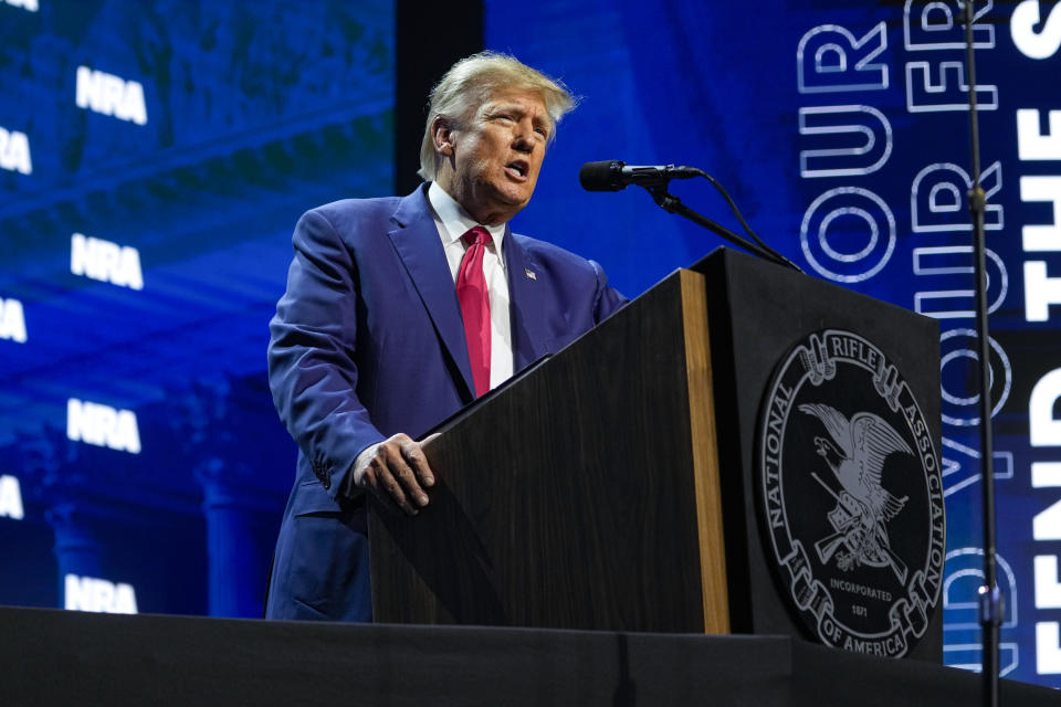 FILE - Former President Donald Trump speaks at the National Rifle Association Convention in Indianapolis, April 14, 2023. A draft of a report examining the Republican Party’s struggles in last year’s midterm elections says the results show that voters aren’t interested in “relitigating previous elections” and that failing to heed those warnings could harm the GOP in 2024 and beyond. The draft notably does not mention Trump by name, but alludes to the controversial, far-right candidates he endorsed who went on to lose. That includes many who echoed the former president's lies about a stolen 2020 election. (AP Photo/Michael Conroy, File)