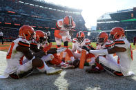 <p>Jarvis Landry #80 of the Cleveland Browns celebrates his touchdown with teammates during the second quarter against the Carolina Panthers during the second quarter at FirstEnergy Stadium on December 9, 2018 in Cleveland, Ohio. (Photo by Jason Miller/Getty Images) </p>