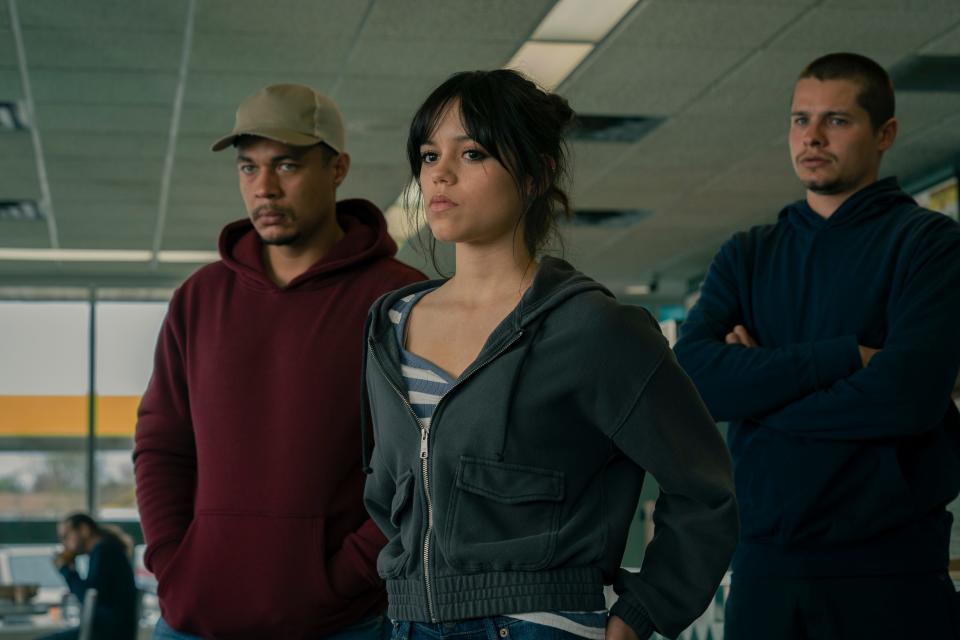Jenna Ortega (left, with Ismael Cruz Cordova and Toby Wallace) stars as a young woman caught in the middle of a dangerous deal between two reunited brothers and a Boston criminal gang in the thriller "Finestkind."