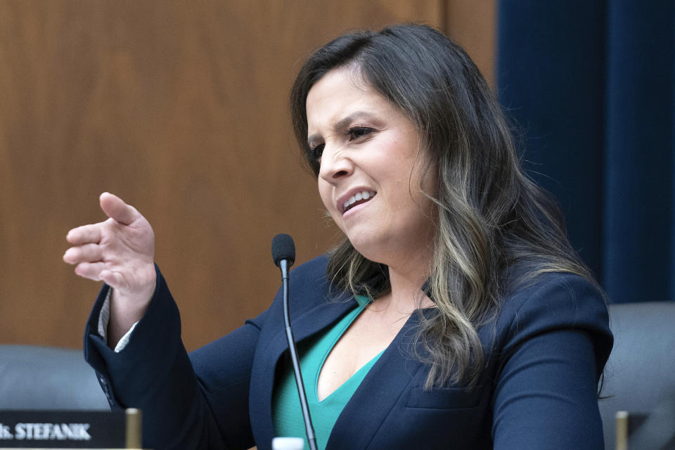 Republican Conference Chair Rep. Elise Stefanik, R-N.Y., questions Columbia University president Nemat Shafik during the House Committee on Education and the Workforce hearing on "Columbia in Crisis: Columbia University's Response to Antisemitism" on Capitol Hill in Washington, Wednesday, April 17, 2024. (AP Photo/Jose Luis Magana)