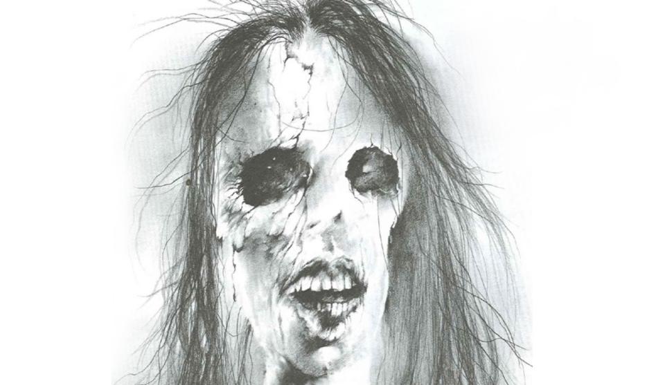 The horrifying no-eyed lady in Stephen Gammell's illustration of Alvin Schwartz's Scary Stories to Tell in the Dark.