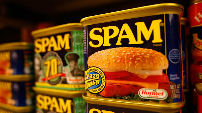 canned spam on grocery shelf