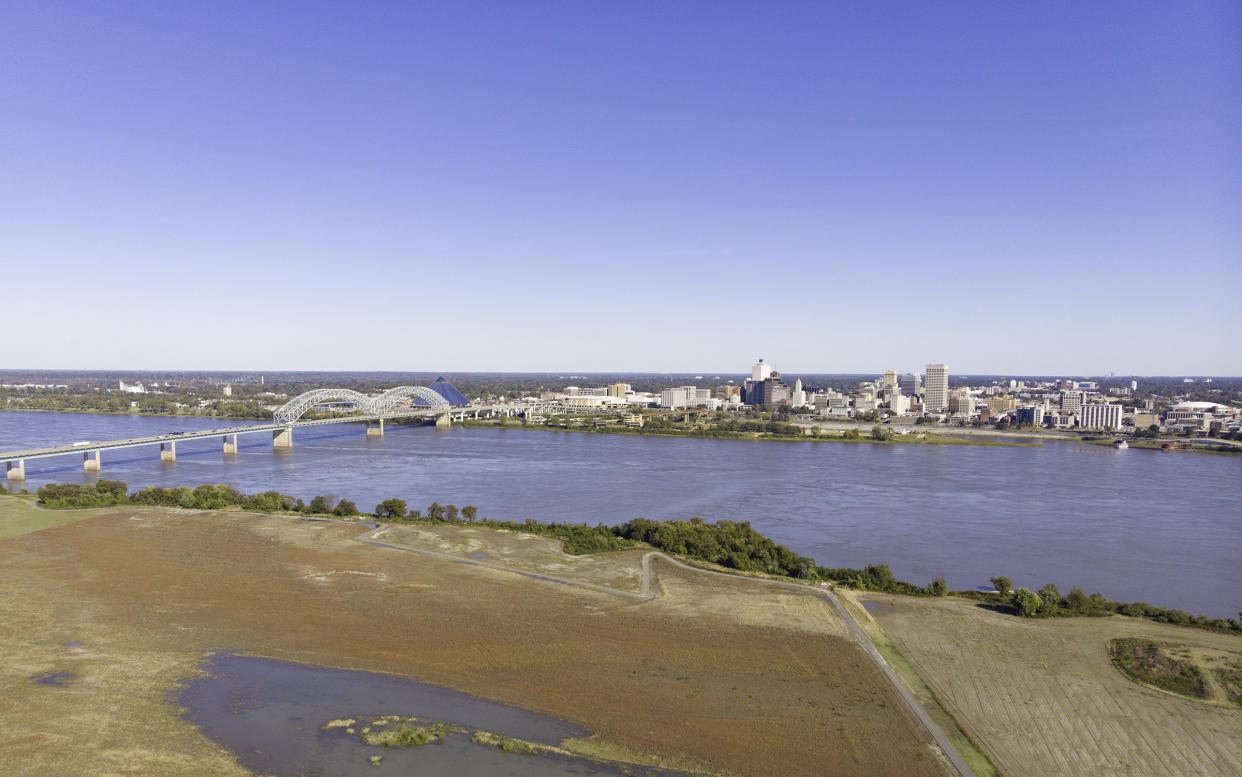 Drone View of Bridge Over Mississippi River at Memphis, Tennessee