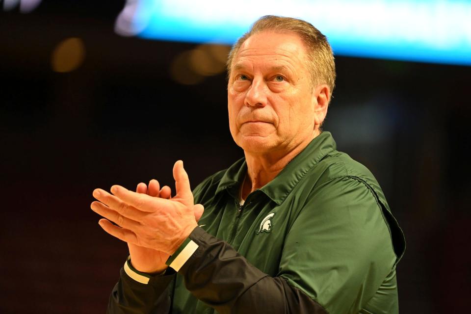 Michigan State coach Tom Izzo during practice before the first round of the NCAA tournament on Thursday, March 17, 2022, in Greenville, South Carolina.