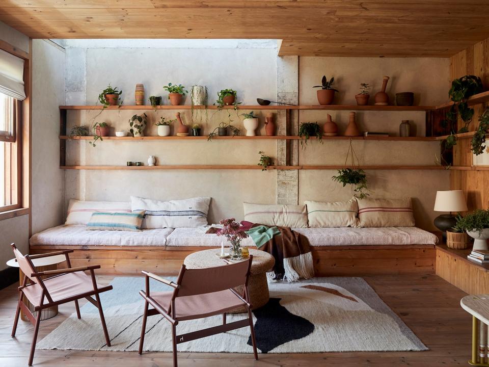 earthy wood and beige living room