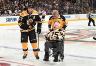 <p>BOSTON, MA – OCTOBER 20 : Patrice Bergeron #37 of the Boston Bruins with alumni players Bobby Orr and Milt Schmidt before the start of the season opener against the New Jersey Devils at the TD Garden on October 20, 2016 in Boston, Massachusetts. (Photo by Steve Babineau/NHLI via Getty Images) </p>