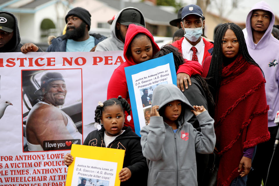 On Jan. 26, Huntington Park police officers shot and killed Anthony Lowe, 36, whose lower legs were amputated last year. (Gary Coronado / Los Angeles Times via Getty Images)