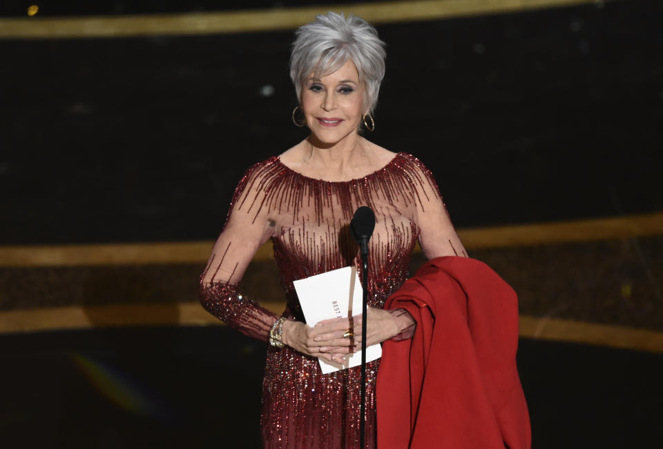 FILE - Jane Fonda presents the award for best picture at the Oscars on Feb. 9, 2020, in Los Angeles. Fonda turns 83 on Dec. 21. (AP Photo/Chris Pizzello, File)