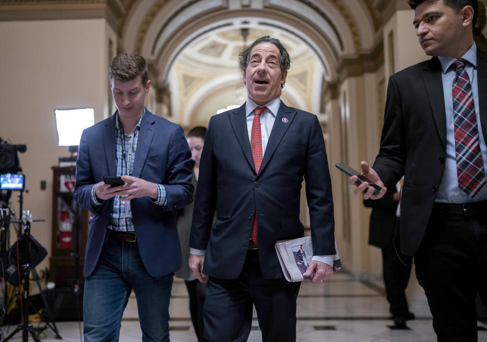 Rep. Jamie Raskin, D-Md., a member of the House Jan. 6 Committee, speaks with reporters as lawmakers debate a massive $1.7 trillion spending bill that finances federal agencies and provides aid to Ukraine, at the Capitol in Washington, Friday, Dec. 23, 2022. The House Jan. 6 committee's final report asserts that Donald Trump criminally engaged in a "multi-part conspiracy" to overturn the lawful results of the 2020 presidential election and failed to act to stop his supporters from attacking the Capitol. Raskin was also named this week to be the ranking member of the House Oversight Committee in the 119th Congress. (AP Photo/J. Scott Applewhite)