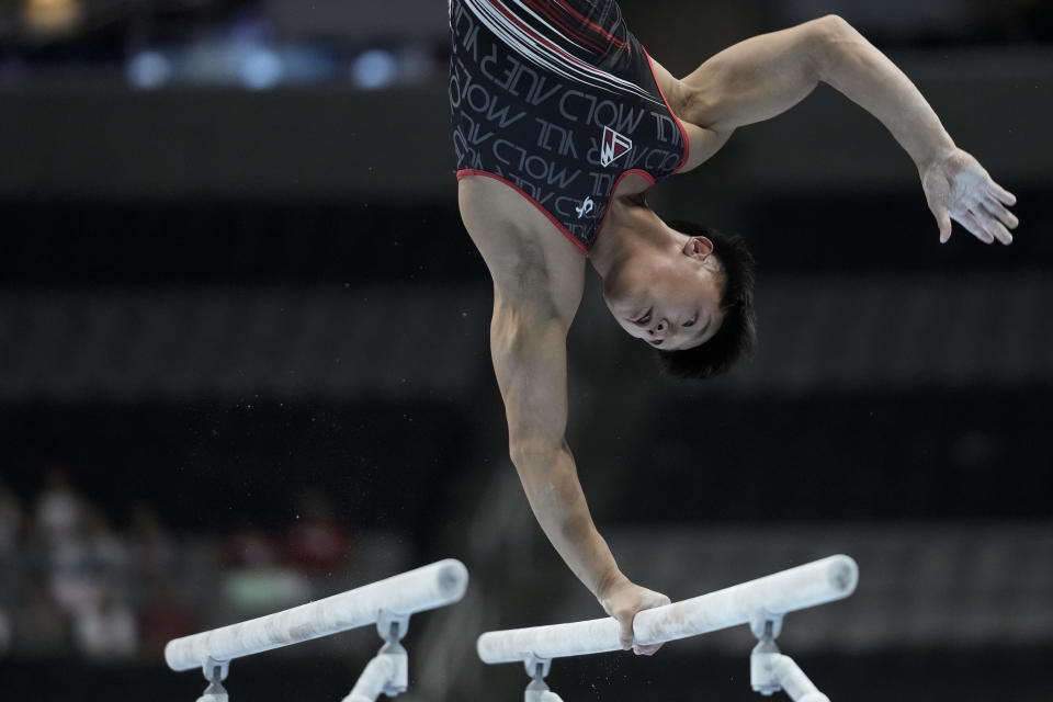 FILE - Yul Moldauer competes on the parallel bars during the U.S. Gymnastics Championships, Thursday, Aug. 24, 2023, in San Jose, Calif. Moldauer is part of a U.S. men's national team trying to return to relevance. The Americans haven't won a medal at a major international competition in nearly a decade. (AP Photo/Godofredo A. Vásquez, File)