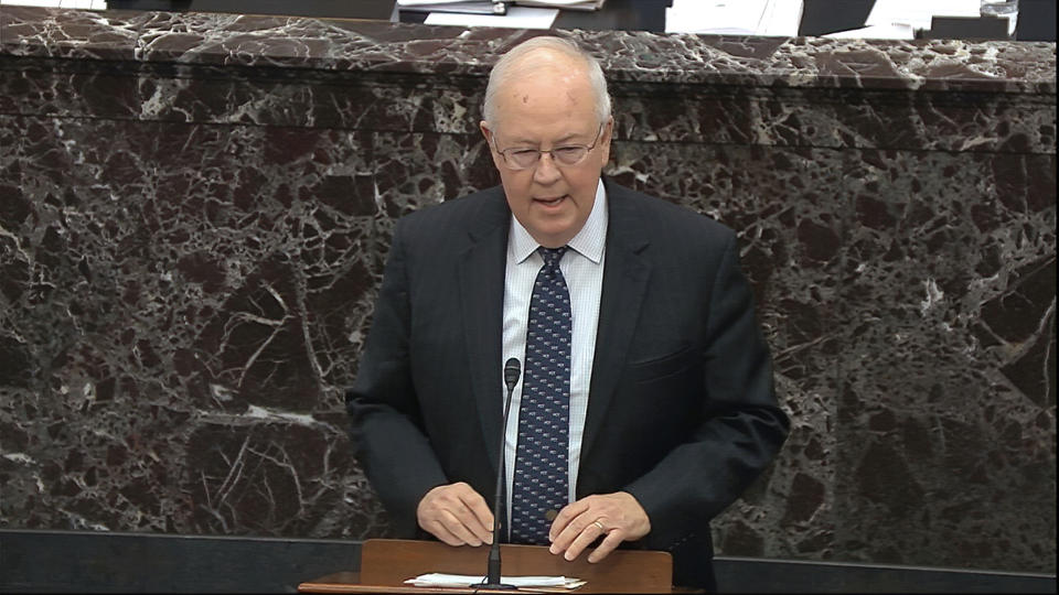 FILE - In this image from video, Ken Starr, an attorney for President Donald Trump speaks during closing arguments in the impeachment trial against Trump in the Senate at the U.S. Capitol in Washington, Feb. 3, 2020.Starr, whose criminal investigation of Bill Clinton led to the president’s impeachment, died Sept. 13, 2022. He was 76. (Senate Television via AP, File)