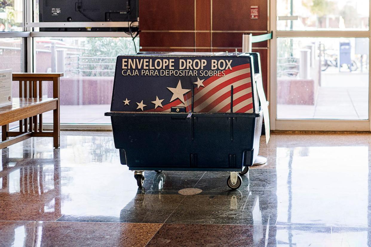 A voting dropbox is pictured ahead of the midterm elections in Mesa, Ariz., in October 2022. <a href="https://media.gettyimages.com/photos/dropbox-is-pictured-ahead-of-the-midterm-elections-at-the-city-hall-picture-id1244226776?s=612x612" rel="nofollow noopener" target="_blank" data-ylk="slk:Olivier Touron/AFP via Getty Images;elm:context_link;itc:0;sec:content-canvas" class="link ">Olivier Touron/AFP via Getty Images</a>