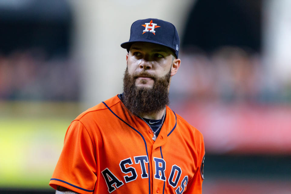 HOUSTON, TX - JUNE 22: Houston Astros starting pitcher Dallas Keuchel (60) walks back to the dugout in the fifth inning during an MLB baseball game between the Houston Astros and the Kansas City Royals, Friday, June 22, 2018 in Houston, Texas. Kansas City Royals defeated Houston Astros 1-0. (Photo by: Juan DeLeon/Icon Sportswire via Getty Images)