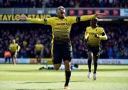 Britain Football Soccer - Watford v Aston Villa - Barclays Premier League - Vicarage Road - 30/4/16 Troy Deeney celebrates after scoring the third goal for Watford Reuters / Toby Melville Livepic