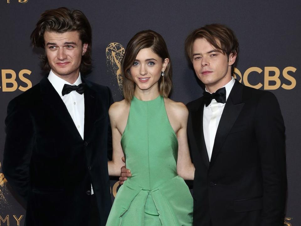 Joe Keery, Natalia Dyer, and Charlie Heaton at the Emmys on September 17, 2017.