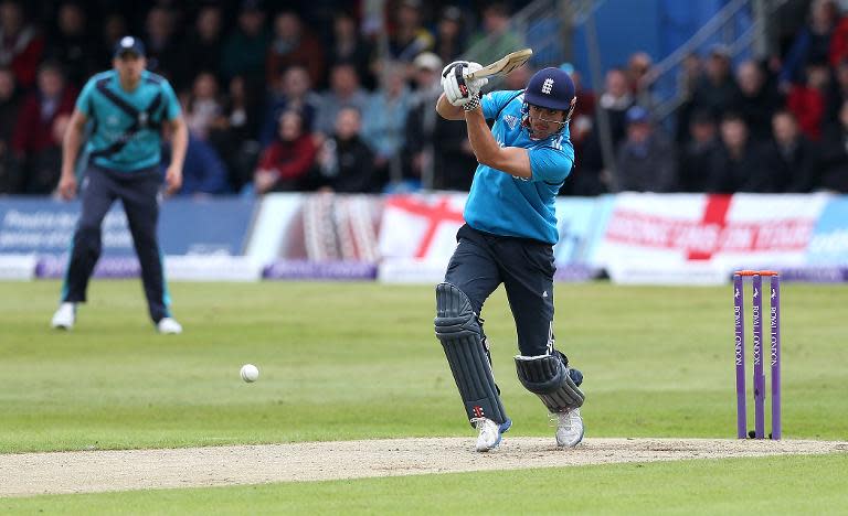 England's Alastair Cook plays a shot during the One Day International cricket match against Scotland at Mannofield, Aberdeen, northeast Scotland on May 9, 2014