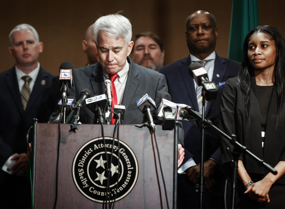 Shelby County District Attorney Steve Mulroy answers questions during a press conference on Thursday, Jan. 26, 2023, after five fired Memphis Police Officers were charged in the murder of Black motorist Tyre Nichols. (Mark Weber/Daily Memphian via AP)