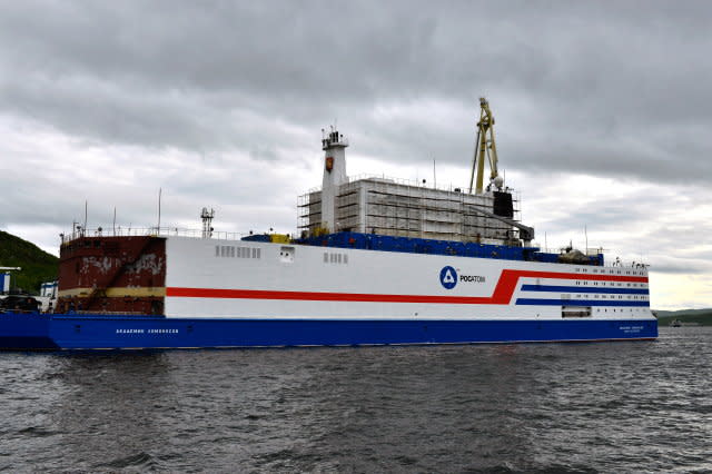 Akademik Lomonosov floating nuclear power units hull painted at Atomflot base in Murmansk, Russia