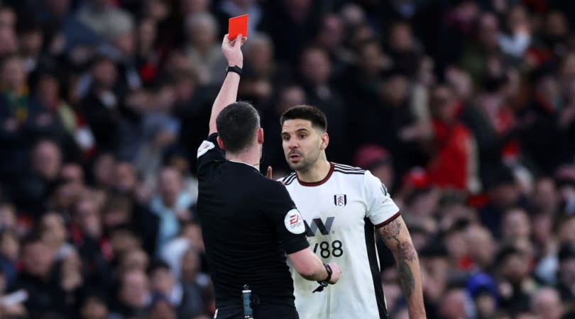   Aleksandar Mitrovic was shown a red card by Chris Kavanagh during Fulham's 3-1 loss to Manchester United 