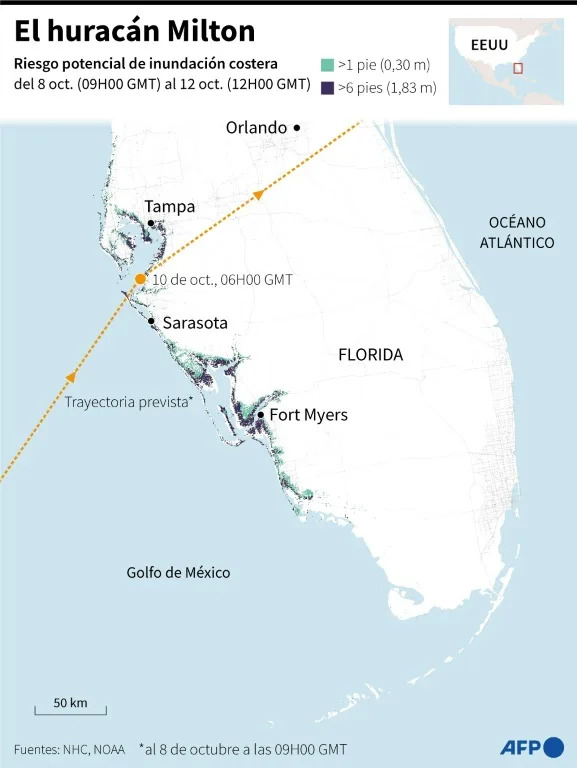 Mapa con la trayectoria prevista del huracán Milton en Florida, así como el riesgo potencial de inundación costera, según el Centro Nacional de Huracanes (NHC) de Estados Unidos, al 8 de octubre de 2024 a las 09H00 GMT (Jean-Michel Cornu, Lise Kiennemann)