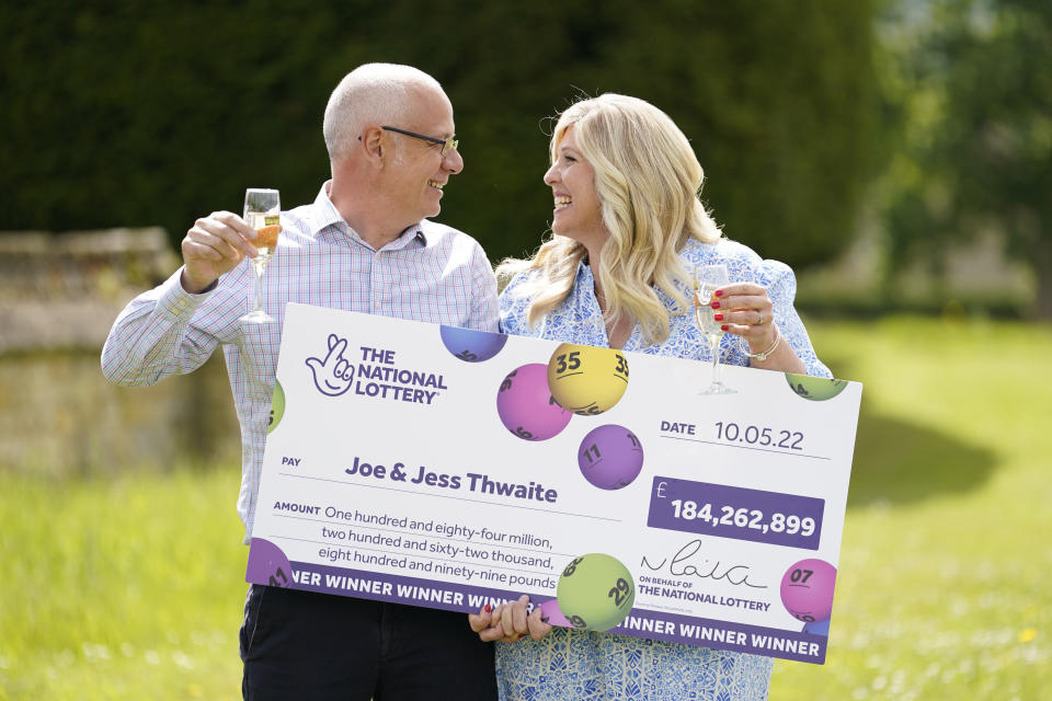 Joe Thwaite, 49, and Jess Thwaite, 46, from Gloucestershire celebrate after winning the record-breaking EuroMillions jackpot of �184M from the draw on Tuesday 10 May, 2022, at the Ellenborough Park Hotel, in Cheltenham, Gloucestershire. Picture date: Thursday May 19, 2022.