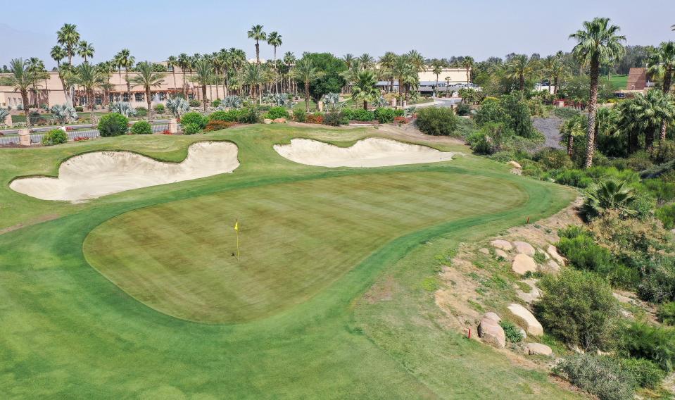 The 18th green at the Indian Wells Golf Resort in Indian Wells, Calif., April 26, 2024.