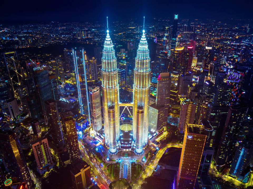 Aerial view of Kuala lumpur city at night, Malaysia.